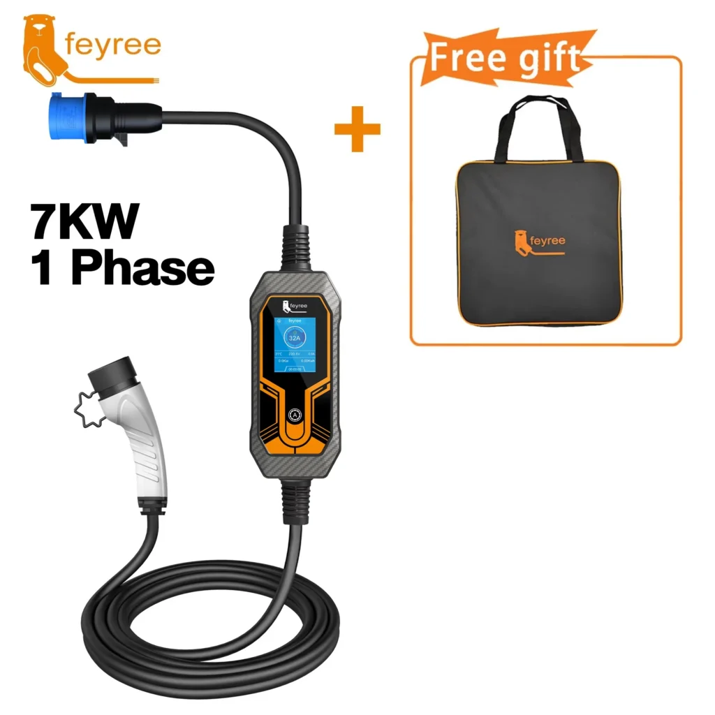 Feyree Portable EV Charger Wallbox Type2 7kW 32A 1Phase 5m Cable CEE Socket EVSE Charging Box for Electric Vehicle Car Charger